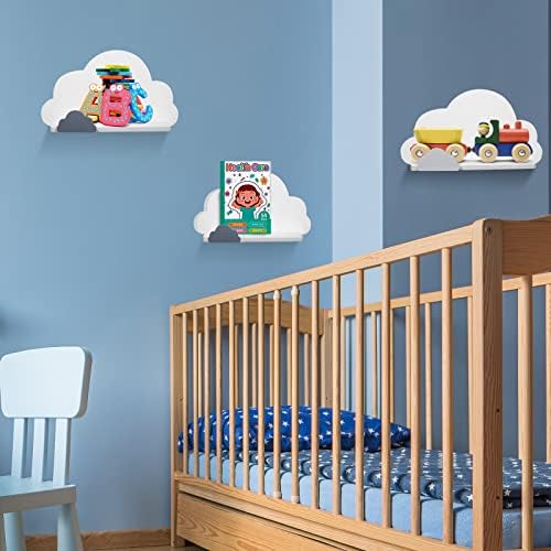 TopKai Комплект от 3 Изчислителни рафтове за детска стая – Плаващи Дървени Стенни рафтове с облачни декорации,