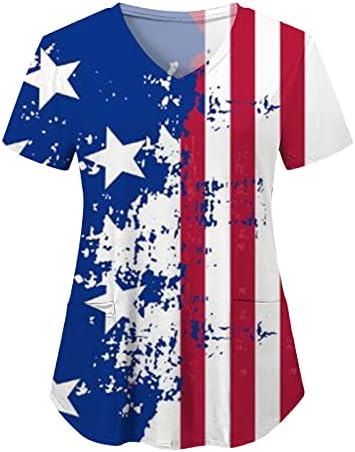 На 4 юли, Ризи за Жени с Флага на САЩ, Летни Тениски с Къс ръкав и V-образно деколте, 2 Джоба, Блуза, Топ, Празнична