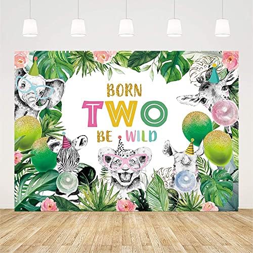 AIBIIN 7x5ft Born Two be Wild Фон за Дете От 2-ия Рожден Ден на Фон За Снимки Сафари в Джунглата Горски Животни