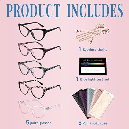 Gaoye, 5 опаковки, Модни очила Котешко око за жени, компютърни очила за четене със синя светлина, антибликовые
