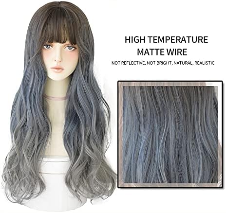 PDGJG пастельно-синьо-сиви перуки с бретон за жени, дълги реалистични къдрава къдрави перуки, в два цвята синтетични