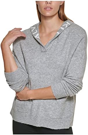 Жена Пуловер с качулка с логото на Calvin Klein с V Образно деколте Сиво S