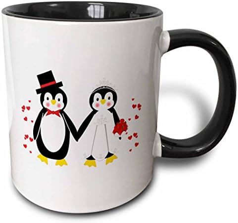 3dRose Сладки Червени Сърца С Пингвини на Булката И Младоженеца, Сватбена Двойка, в два цвята Чаша, 11 грама, Черна