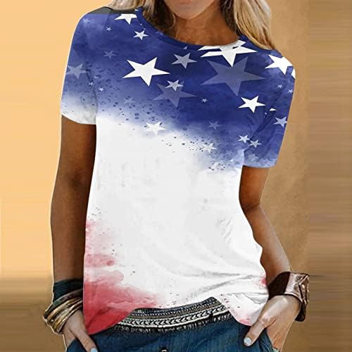 На 4 юли, Тениски за Жени, Летни Ризи с кръгло деколте и Къс Ръкав, американския Флаг на Звезди, Райета, Блуза