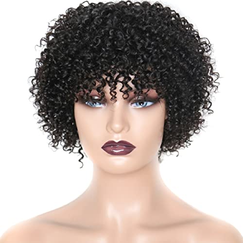 EMOL Къса къдрава перуки, изработени от човешка коса за черни жени, къса къдрава перуки, с бретон, без синтетични