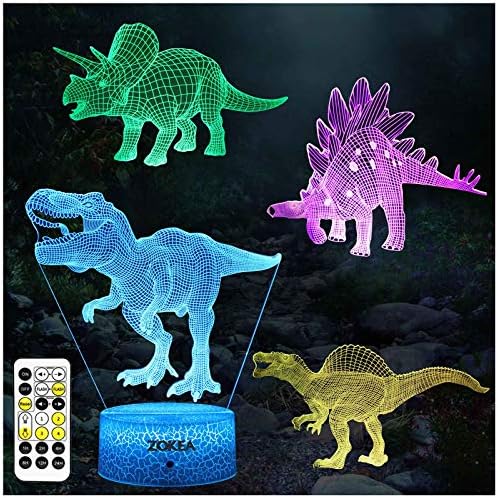 Играчки с динозаври ZOKEA, Подаръци с Динозаври за момчета, 7 Цвята, Смяна на 3D лека нощ с Динозавром (фигура 4) с Таймер, дистанционно управление и умен докосване, Подар?