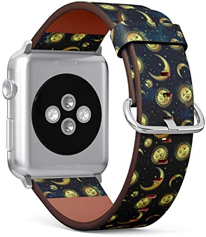 (Бохо-шик модел с полумесец, Слънце и звезди на син нощното небе) Кожена гривна с модел за Apple Watch Серия