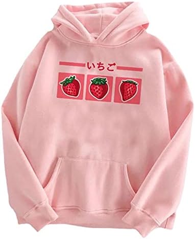 Момичета сладки ягоди печат с качулка hoody лека hoody Kawai дрехи на 90-те години пуловер памук джоба върховете