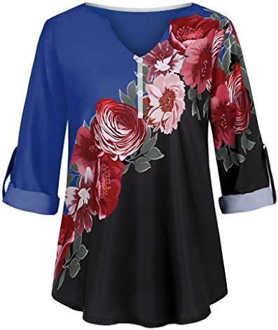 Дамски ризи Henley С Дълъг ръкав и V-образно деколте, Риза с Флорална Принтом, Ежедневни Блузи, Блуза