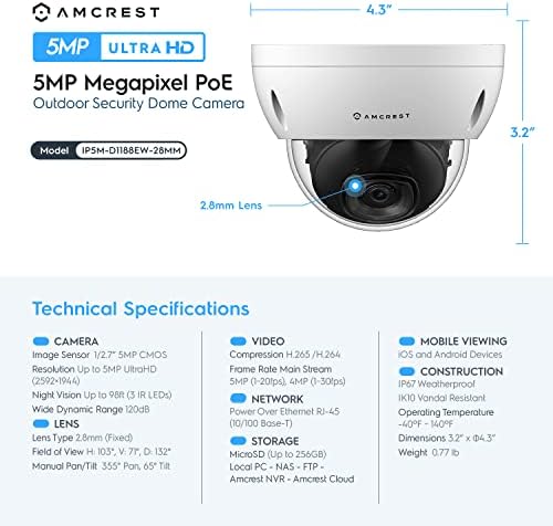 5-Мегапикселова POE-камера Amcrest, Външна Антивандальная Куполна POE-IP-камера за сигурност, 5 Мегапиксела,