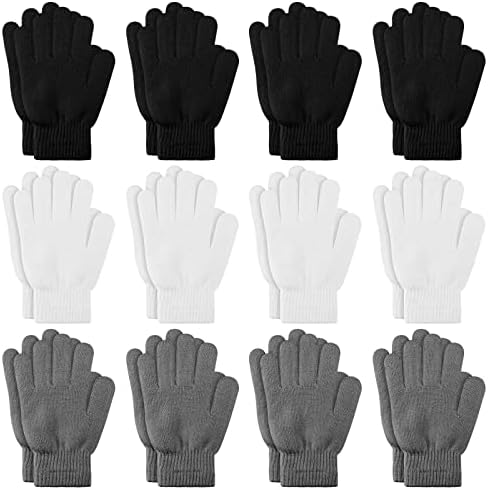 Janmercy 12 Чифта Зимни Ръкавици за възрастни, Многоцветни Възли Ръкавици, Разтеглив Магически Топли Ръкавици за мъже или Жени (Черен, Бял, Сив)