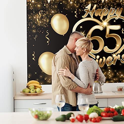 Честит Фон за 65–Годишнината си, Банер, Декор, Черно Златно Сърце с Пайети, Щастливо 65-ти рожден ден, Годишнина