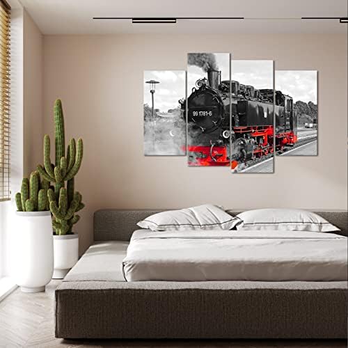 ArtKissMore Влак Платно Стенно Изкуство - Реколта Черно-бяла Червена Картина с Продължение Стенен Декор В Рамката